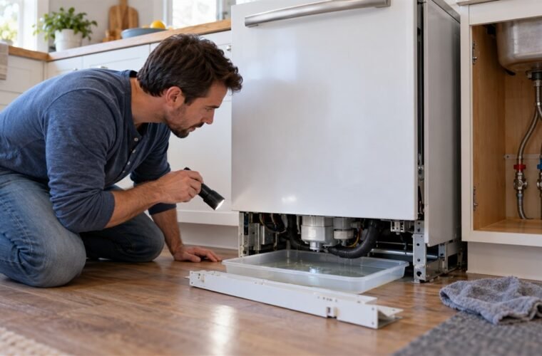Homeowner inspecting water in the drip pan under a dishwasher