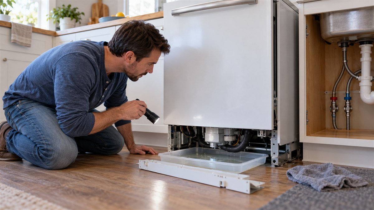 Homeowner inspecting water in the drip pan under a dishwasher
