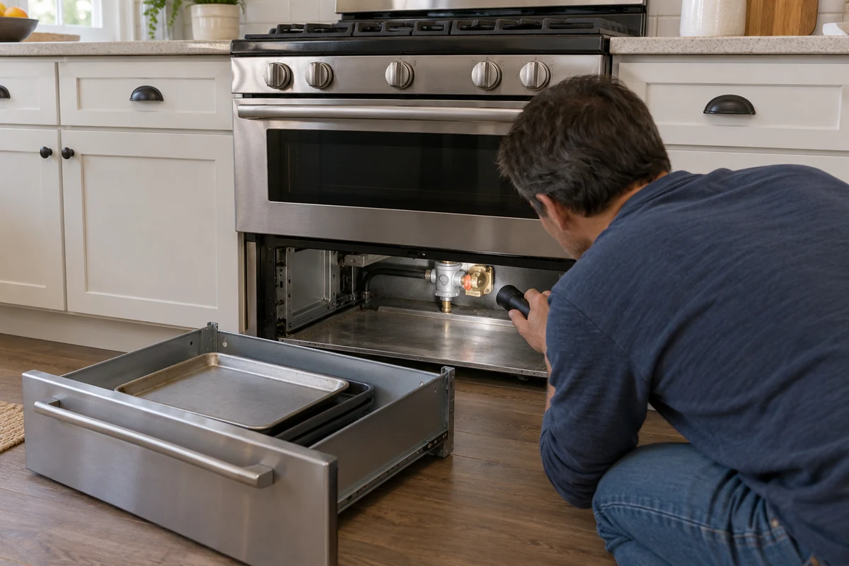 Homeowner with the storage drawer pulled out, shining a flashlight at the gas pressure regulator lever behind a Whirlpool-style range