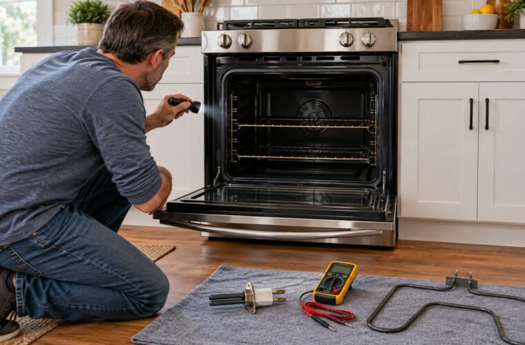 Homeowner inspecting a cold unbranded oven with a flashlight, multimeter, igniter and bake element nearby