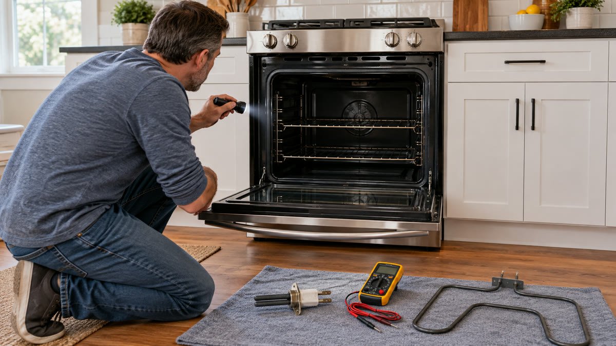 Homeowner inspecting a cold unbranded oven with a flashlight, multimeter, igniter and bake element nearby